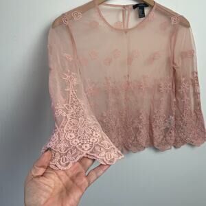 Sheer Mesh Embroidered Lace Top Small Layering Blush Pink Boho Festival Fairy